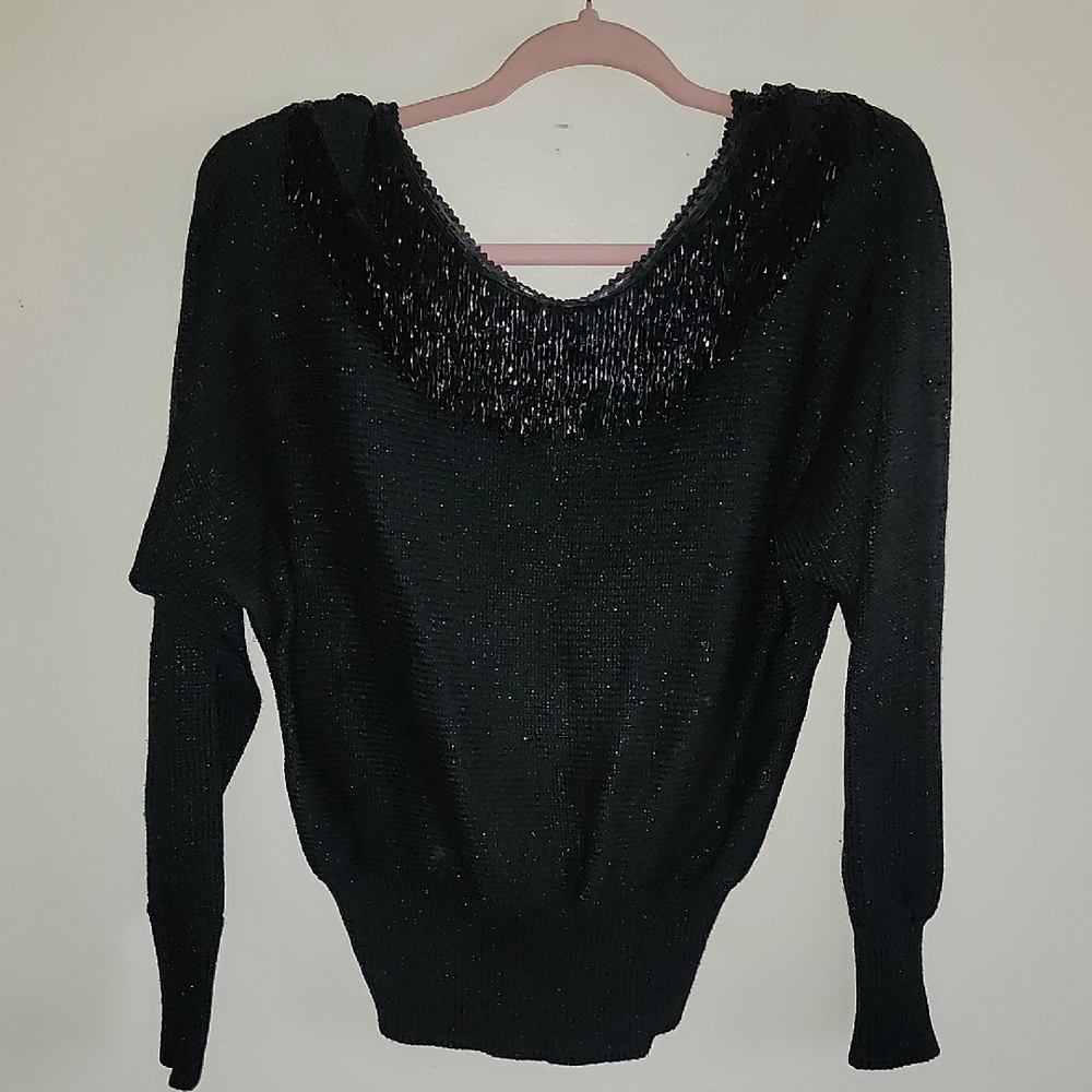 Lillie Rubin Exclusive Beaded Neck Fringe V Neck Sweater Vintage Western Boho Sm